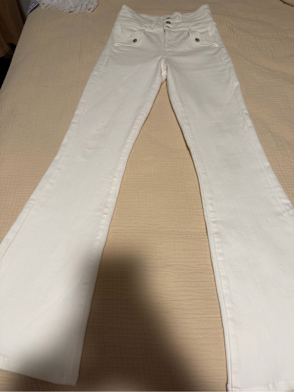 Veronica Beard White Flare Jeans with Front Button Detail